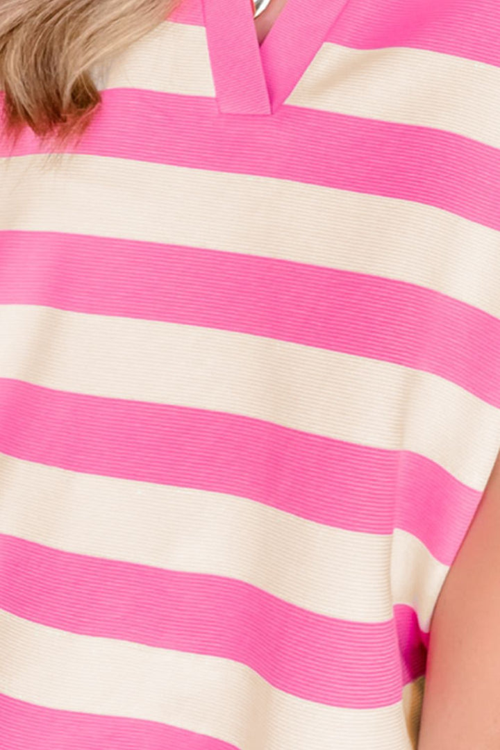 Striped Notched Cap Sleeve Blouse