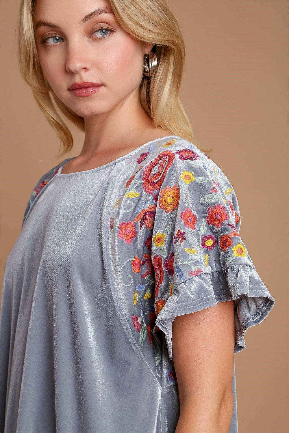 Umgee Velvet Embroidery Short Sleeve Blouse