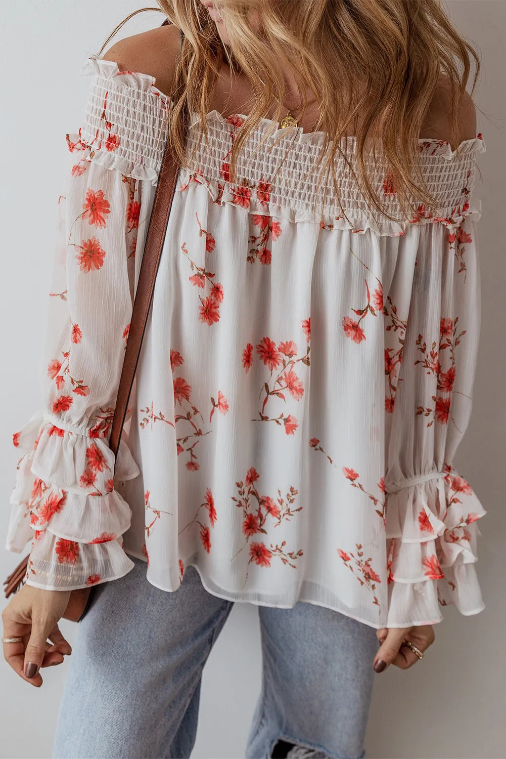 Printed Off-Shoulder Long Sleeve Blouse