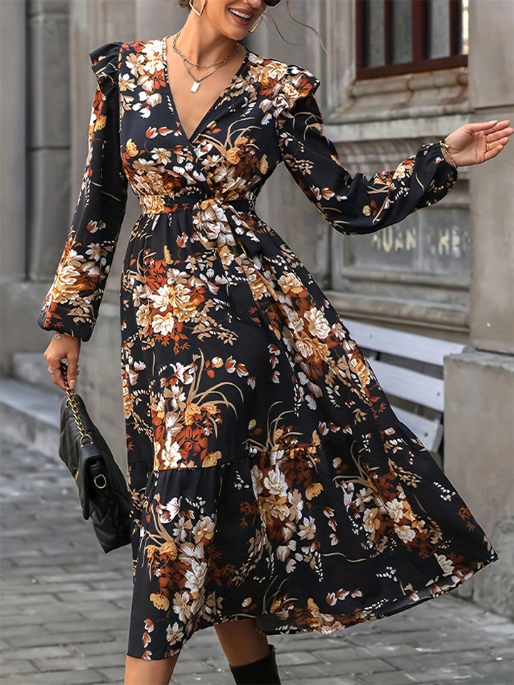 Ruffled Printed Surplice Long Sleeve Midi Dress