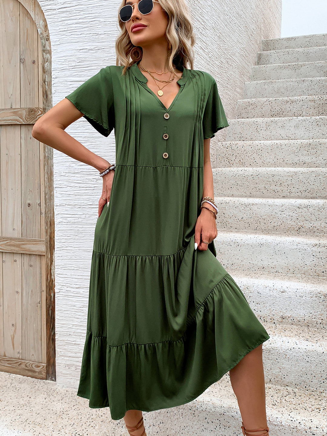 Tiered Notched Short Sleeve Midi Dress