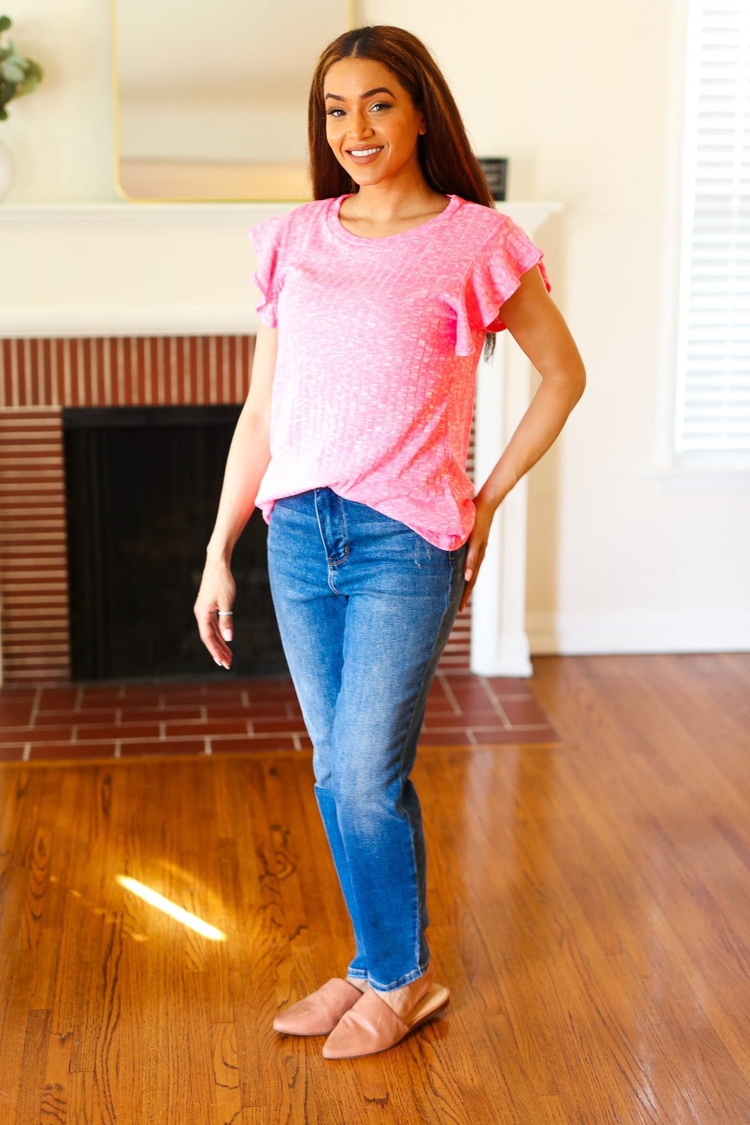 Hello Beautiful Pink Two-Tone Wide Rib Ruffle Sleeve Top