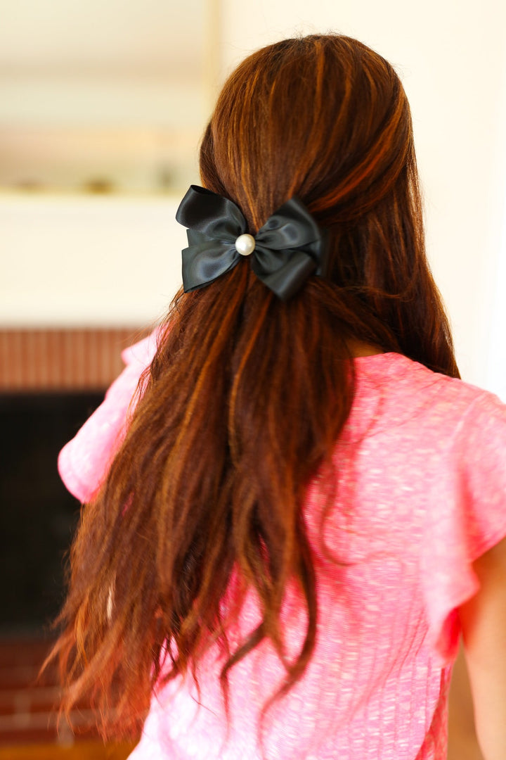 Black Satin Pearl Detail Coquette Bow