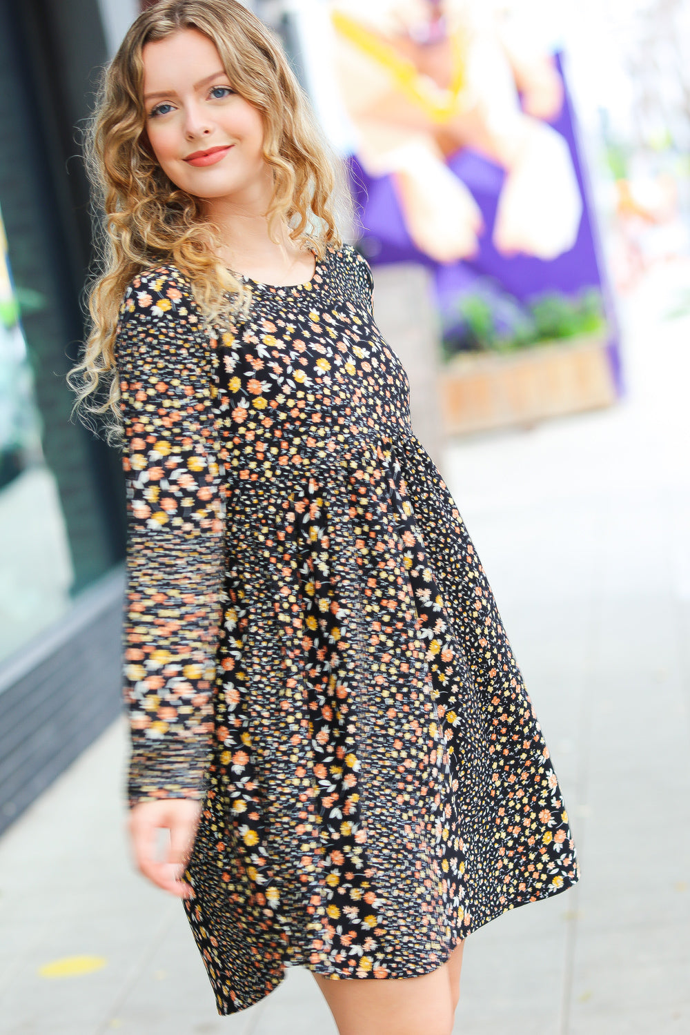 Feeling Adorable Black Ditzy Floral Long Sleeve Babydoll Dress