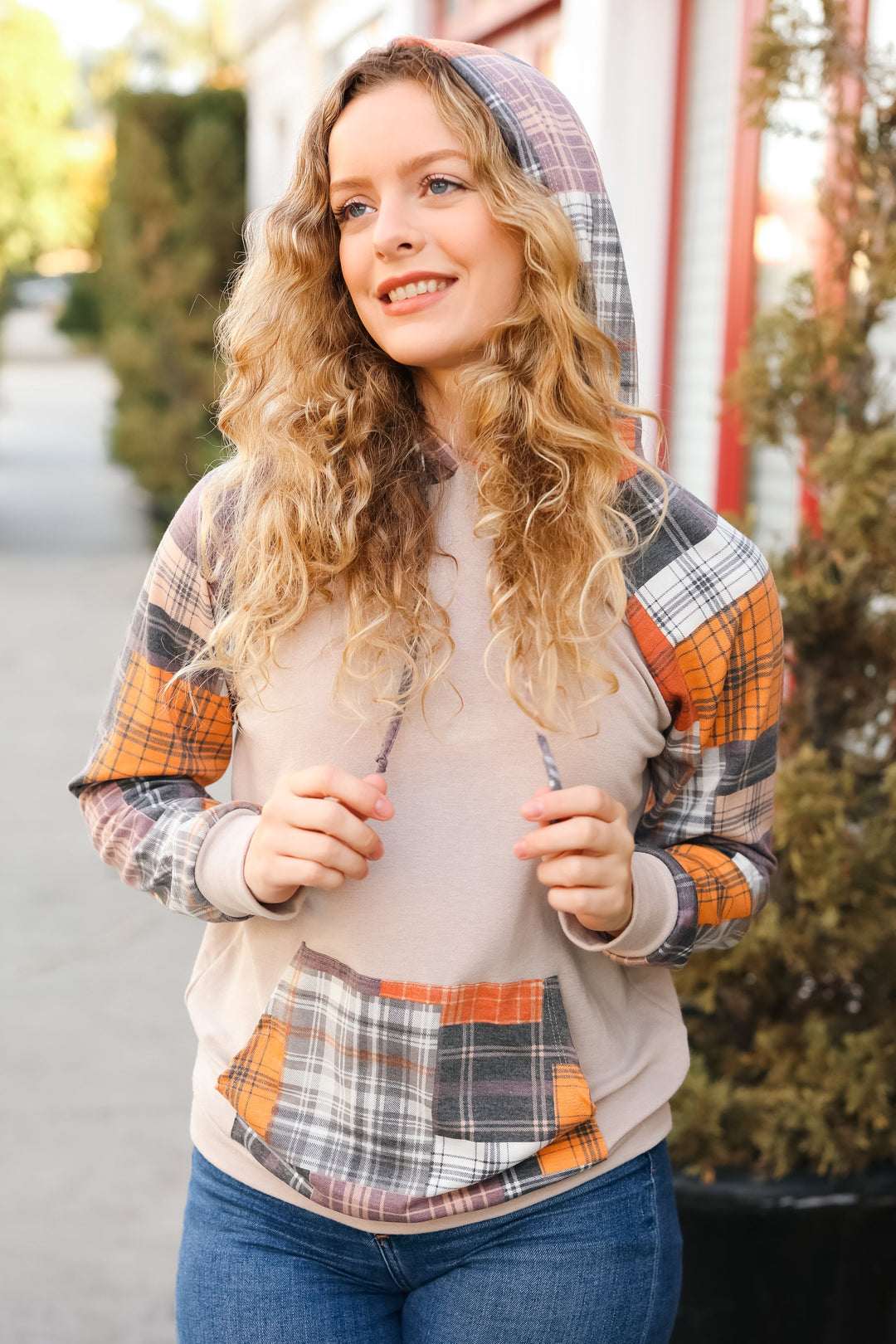 Good With It Orange & Taupe Plaid Terry Kangaroo Pocket Hoodie