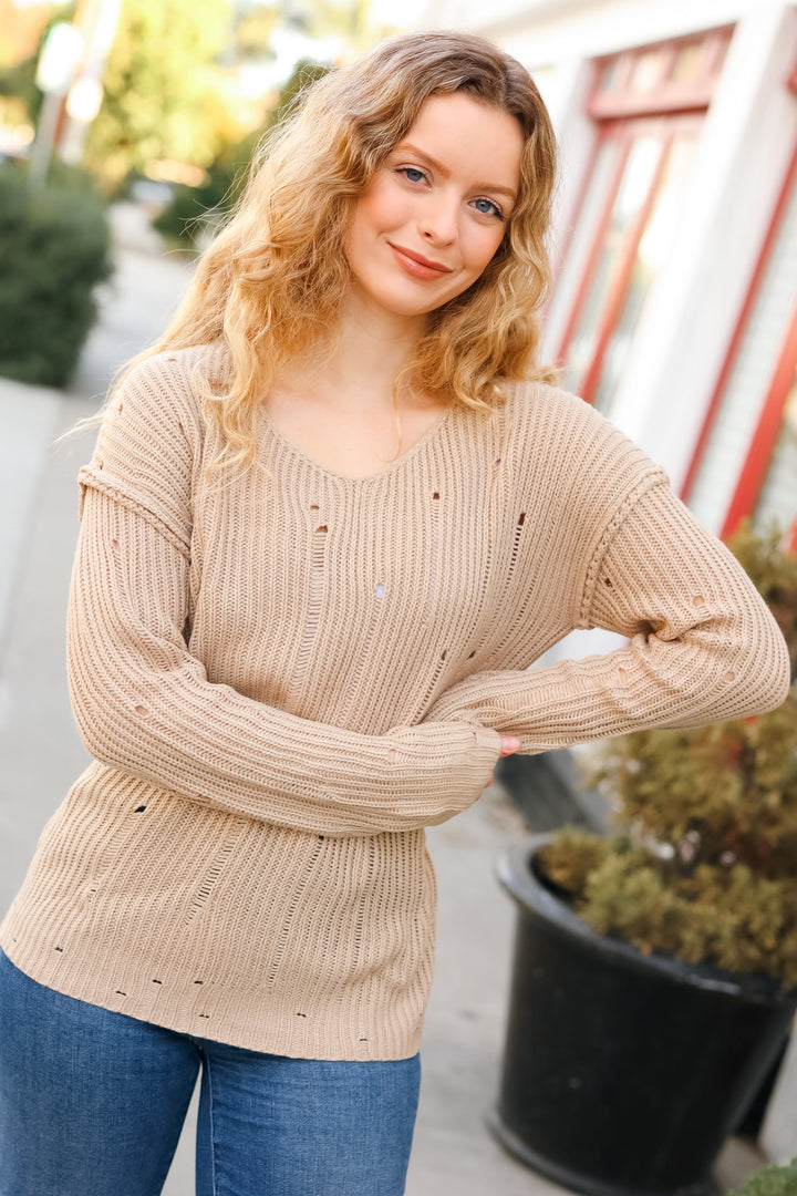 The Slouchy Taupe Distressed V Neck Sweater