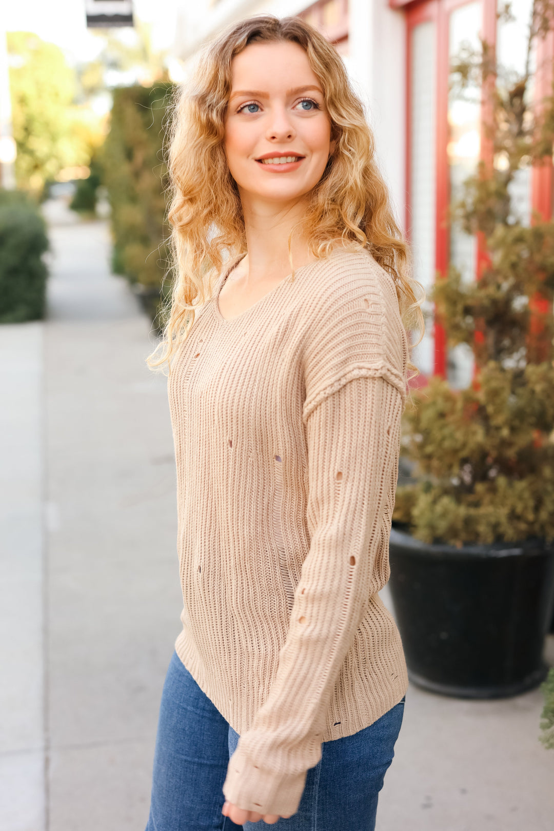 The Slouchy Taupe Distressed V Neck Sweater