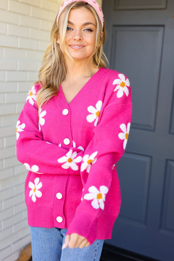 All For Love Fuchsia Daisy Print Button Down Knit Cardigan