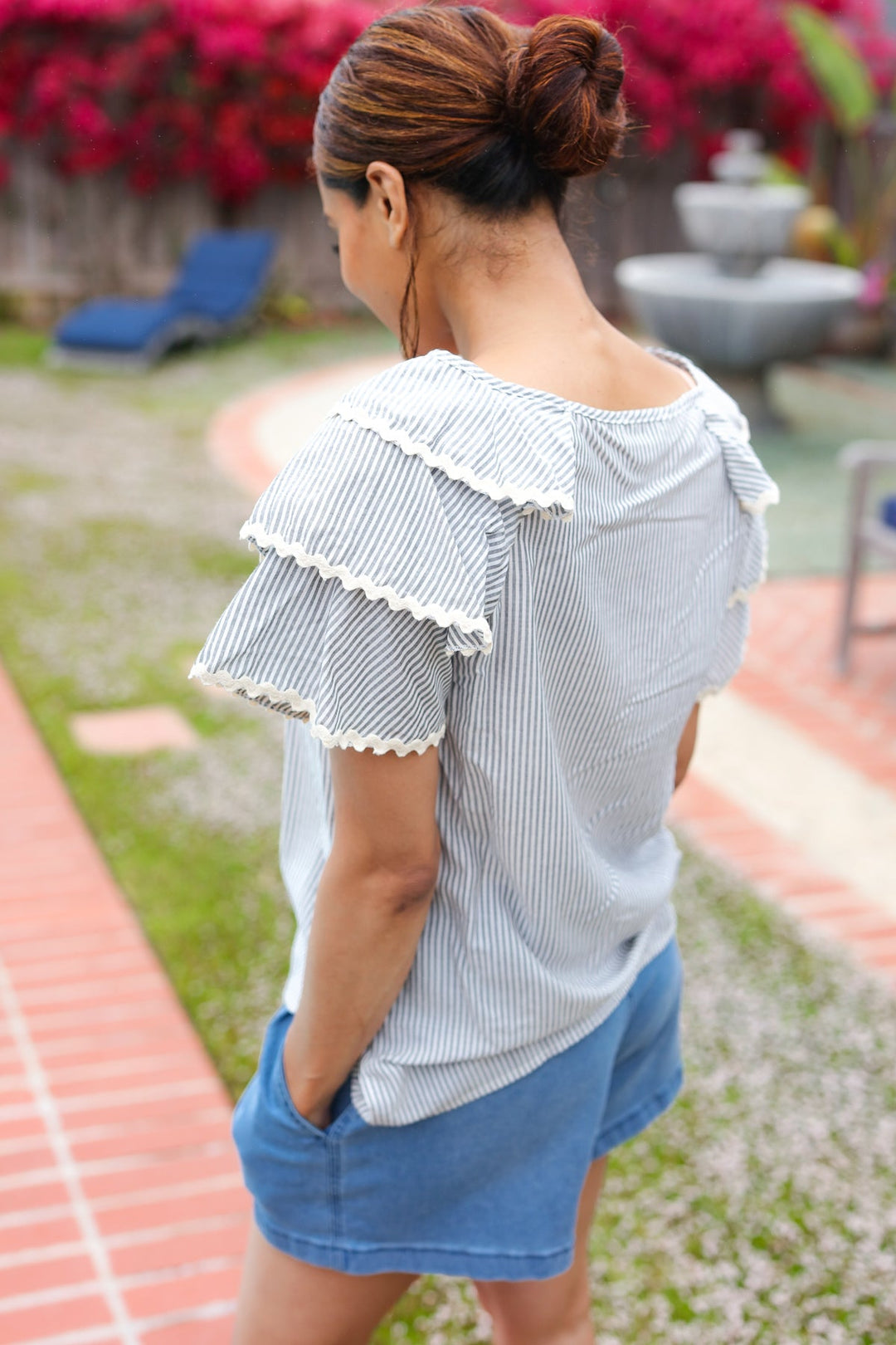 Lovely In Gray Stripe Tiered Ruffle Sleeve Ric Rac Trim Top