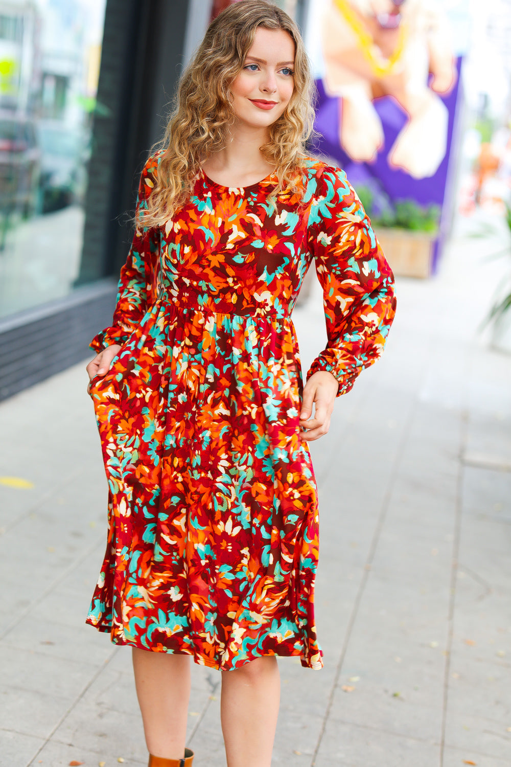 Date Night Ready Burgundy Rust/Jade Floral Print Midi Dress