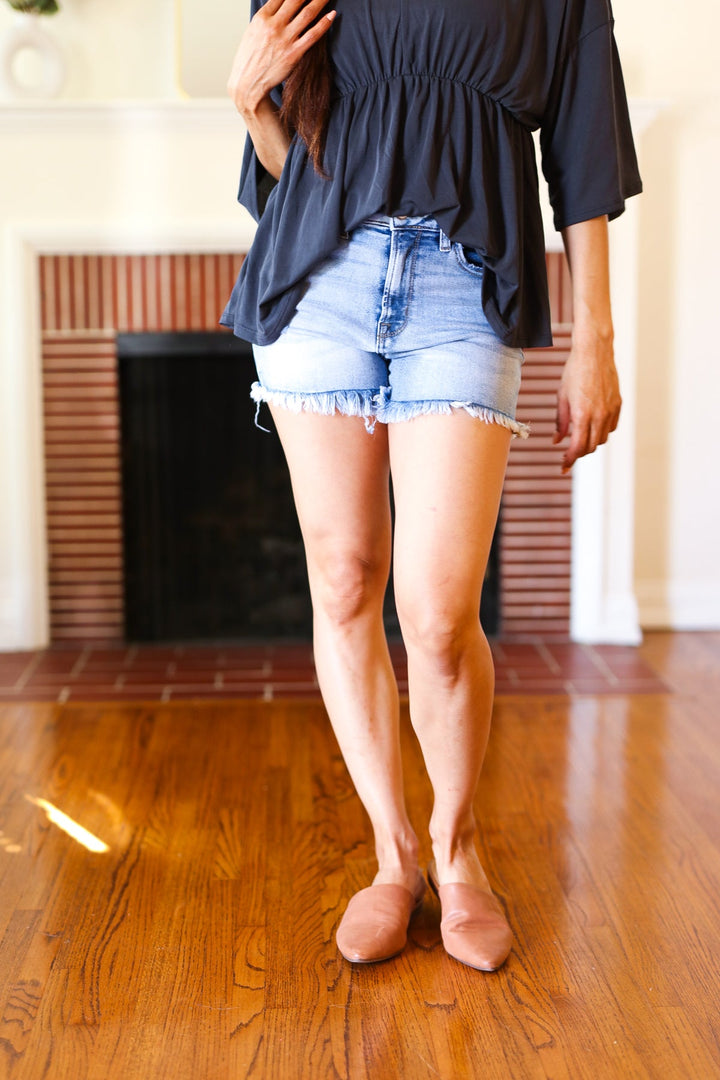 Medium Blue Raw Frayed Hem Mid Rise Shorts