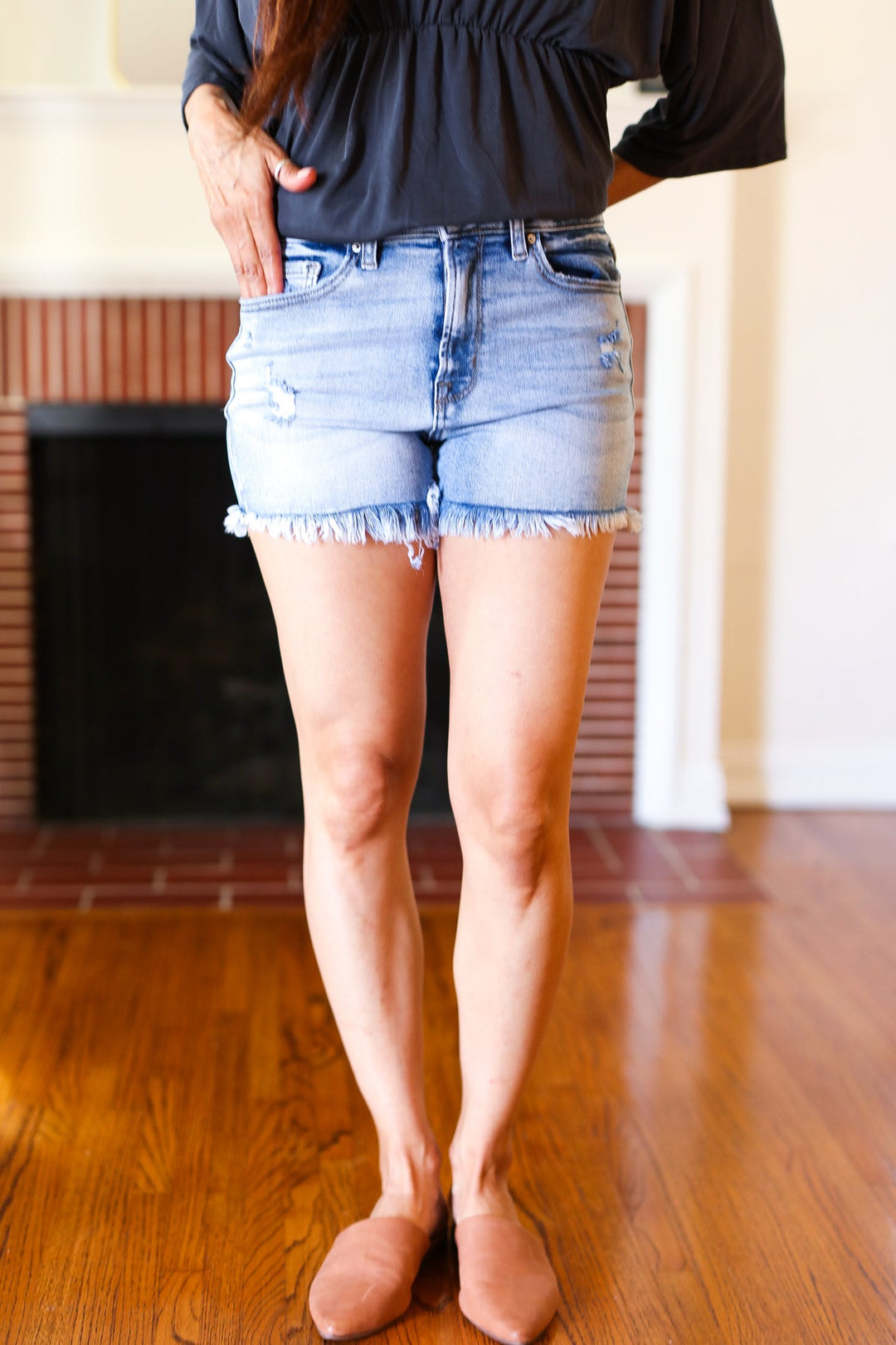 Medium Blue Raw Frayed Hem Mid Rise Shorts