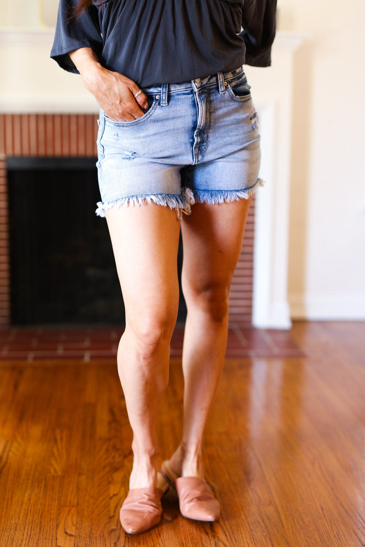 Medium Blue Raw Frayed Hem Mid Rise Shorts