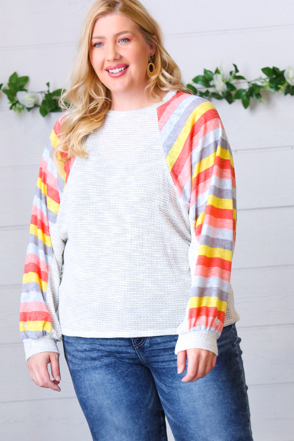 Grey Two Tone Multi Color Stripe Raglan Top