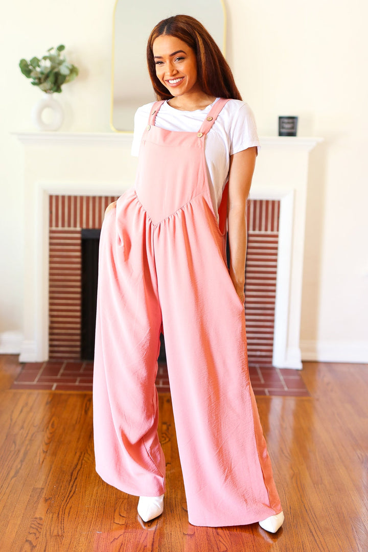 Move On Over Coral Wide Leg Suspender Overall Jumpsuit