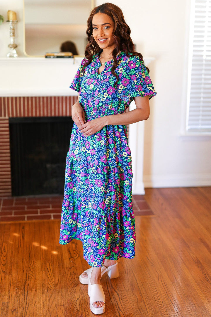 Eyes On You Navy Neon Floral Smocked Waist Maxi Dress