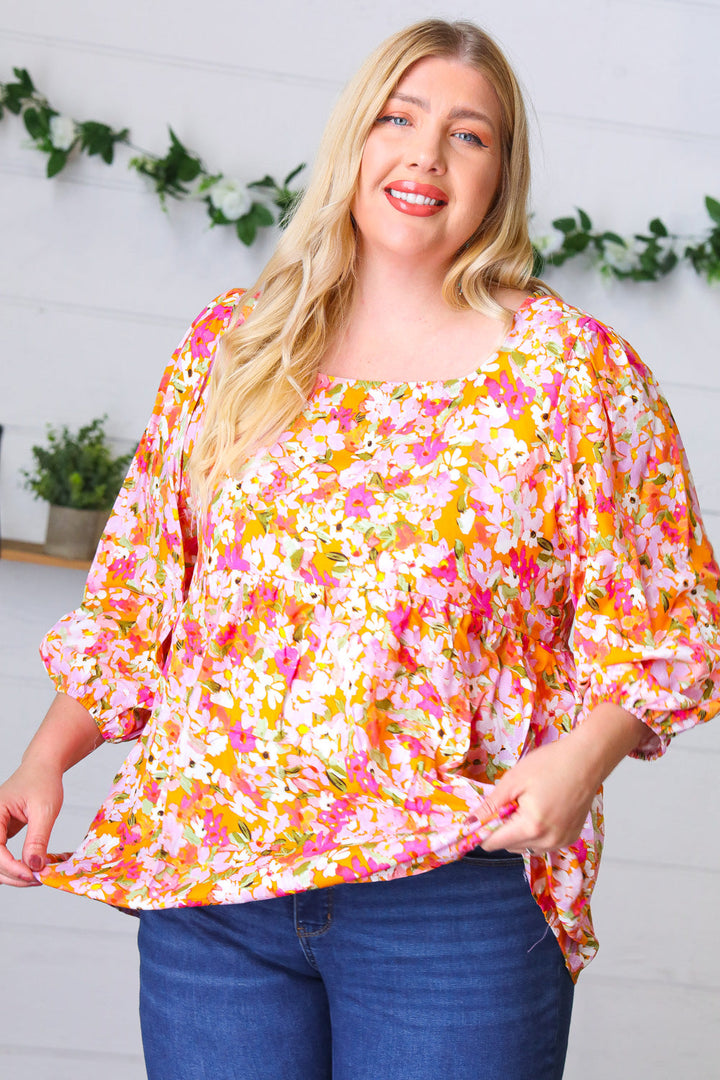 Orange Square Neck Peplum Floral Challis Top