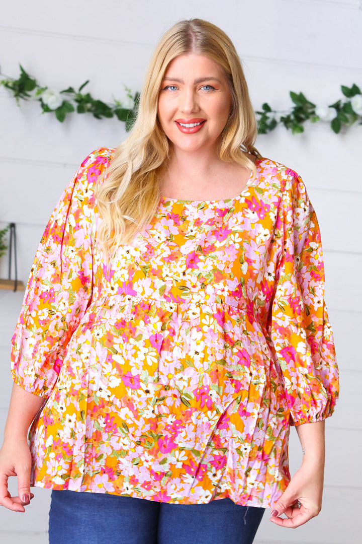 Orange Square Neck Peplum Floral Challis Top