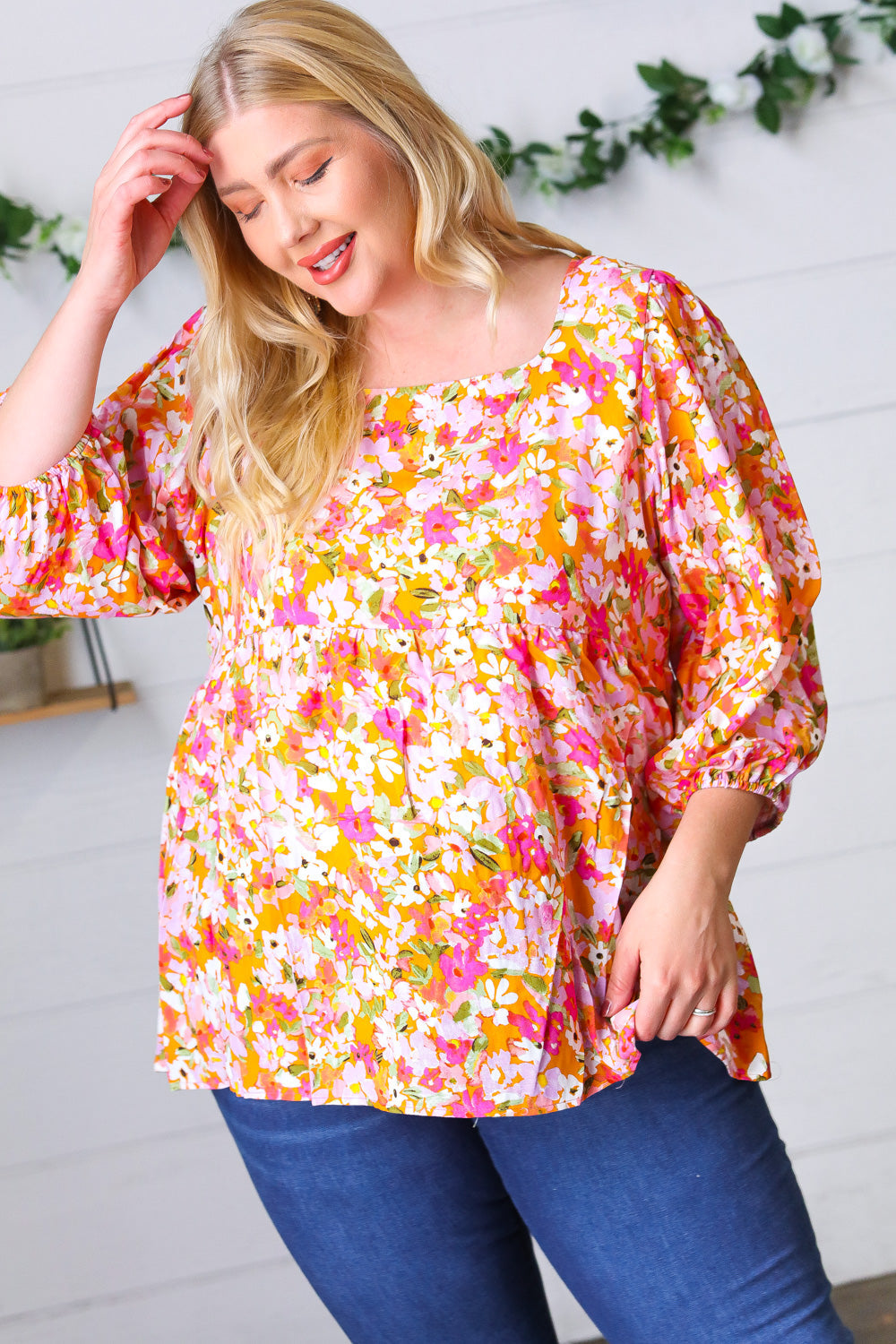 Orange Square Neck Peplum Floral Challis Top