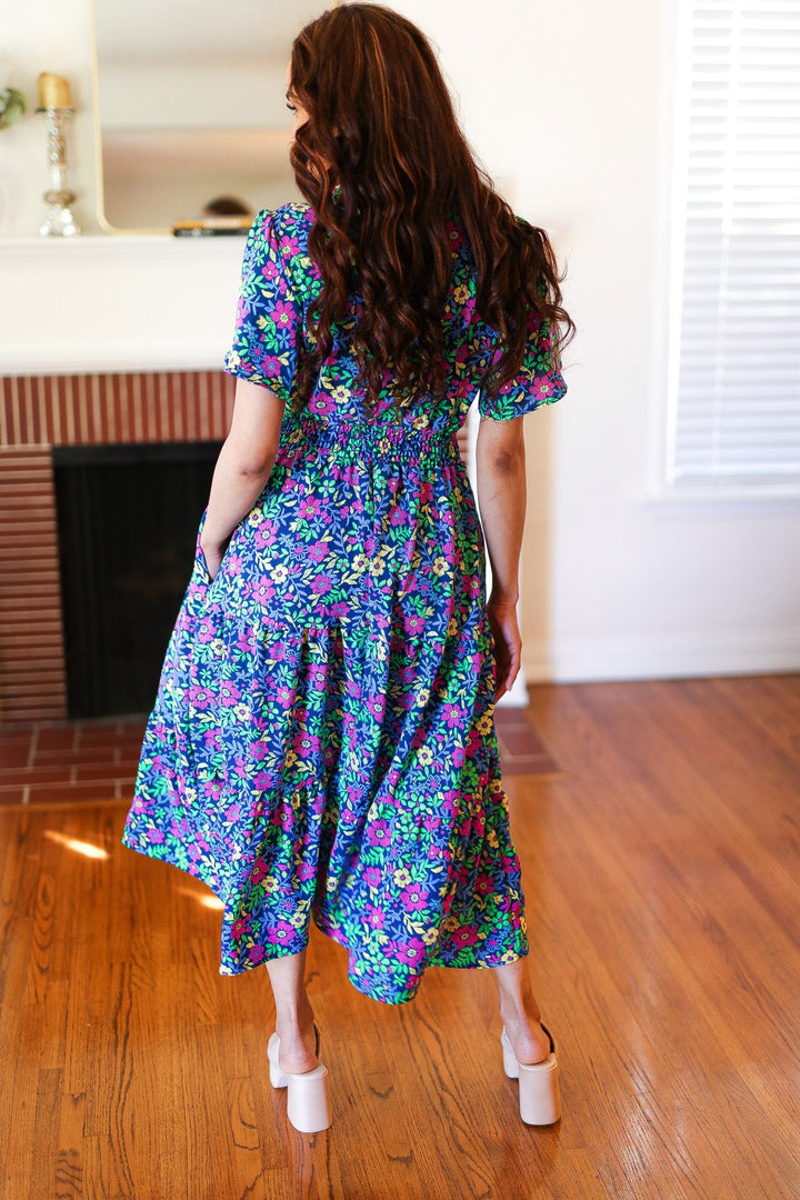 Eyes On You Navy Neon Floral Smocked Waist Maxi Dress