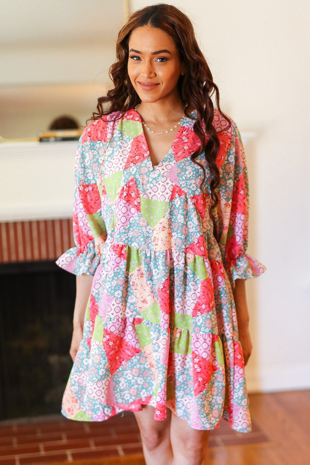 Look Of Love Lime & Coral Patchwork Print V Neck Dress