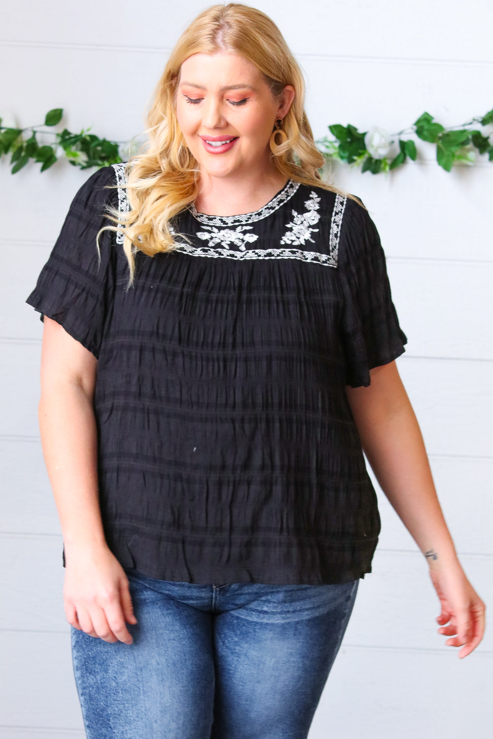 Black Embroidered Smocked Top