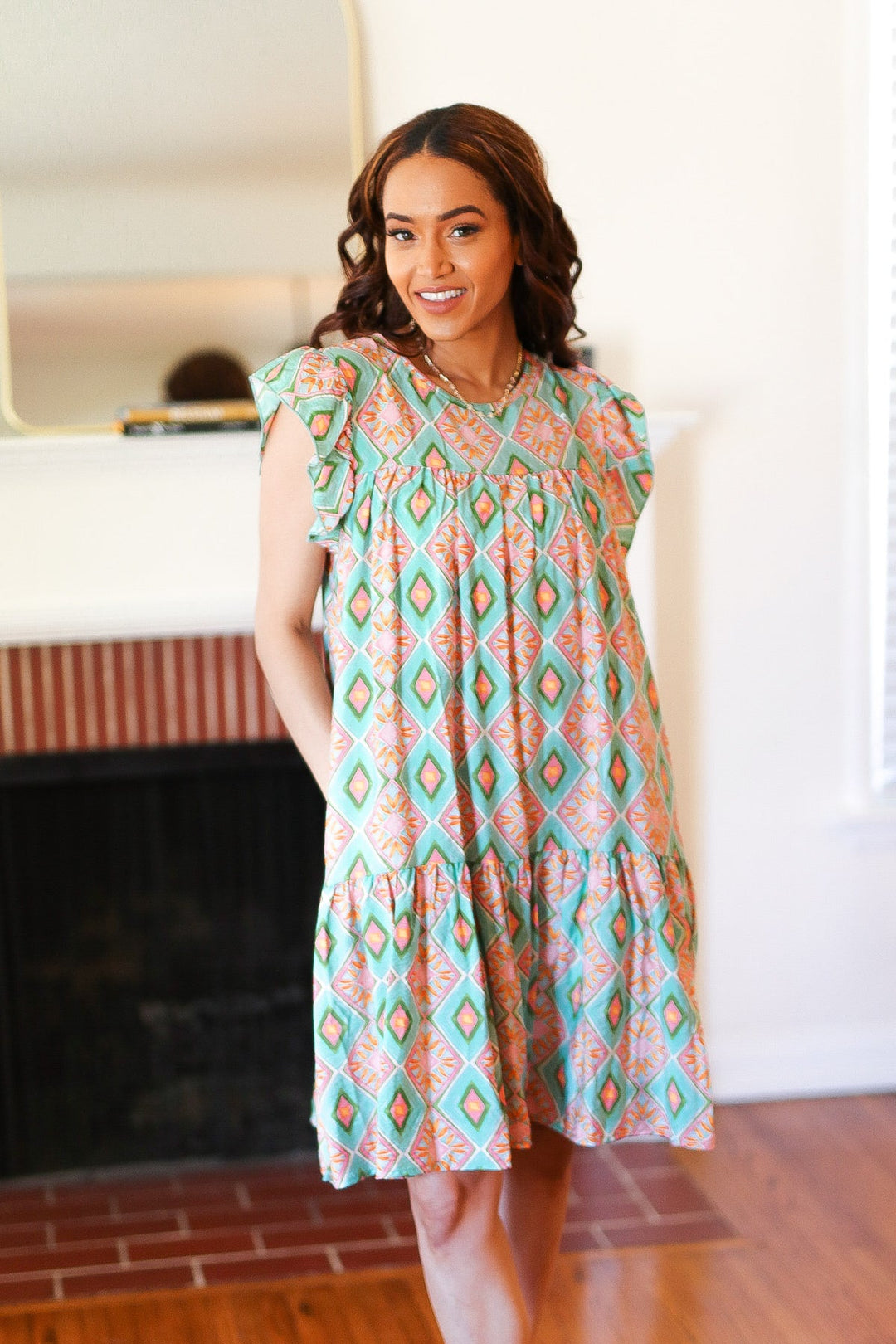 Mint Geo Boho Print Yoke Poplin Woven Dress