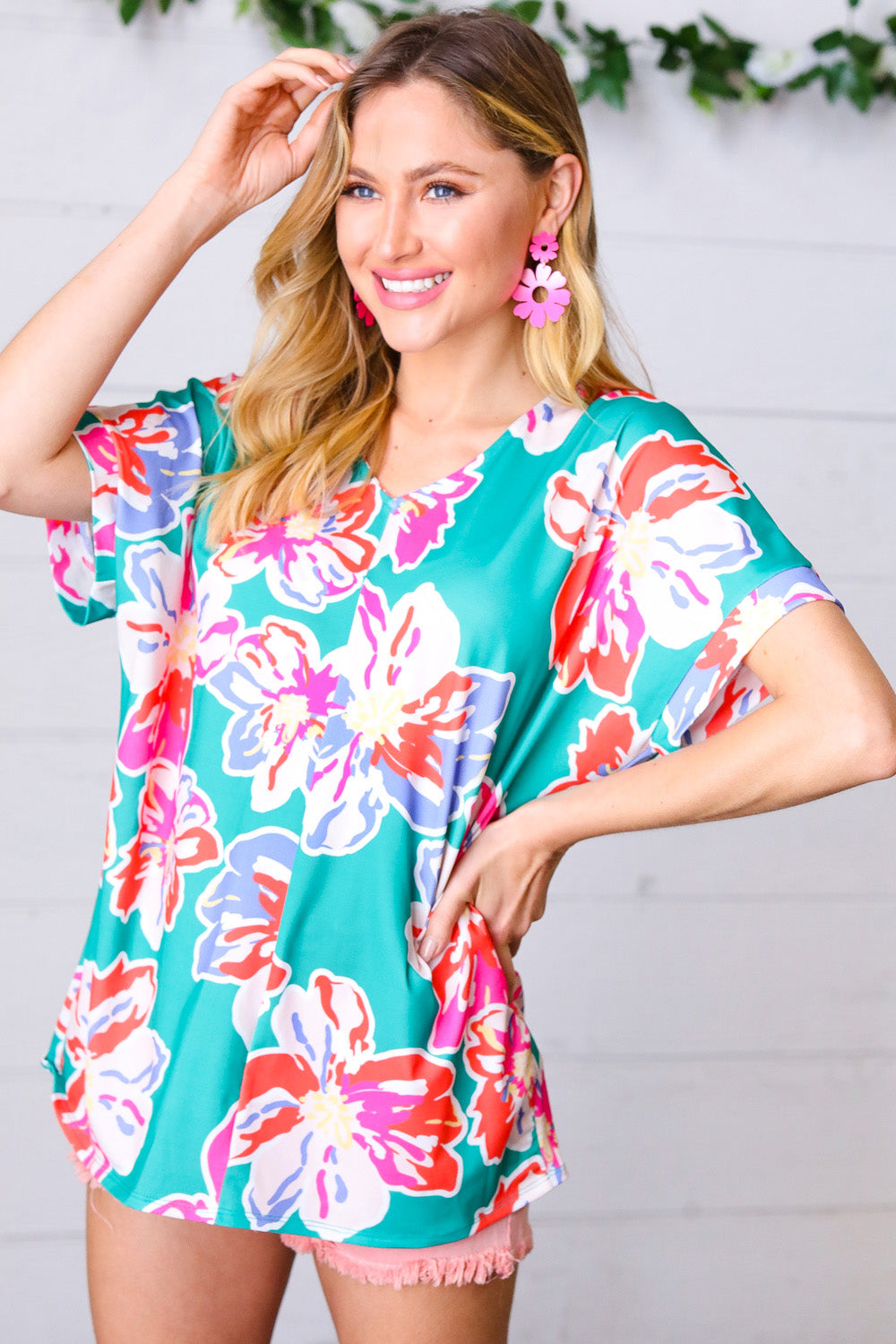 Ocean & Lavender Tropical Floral V Neck Top