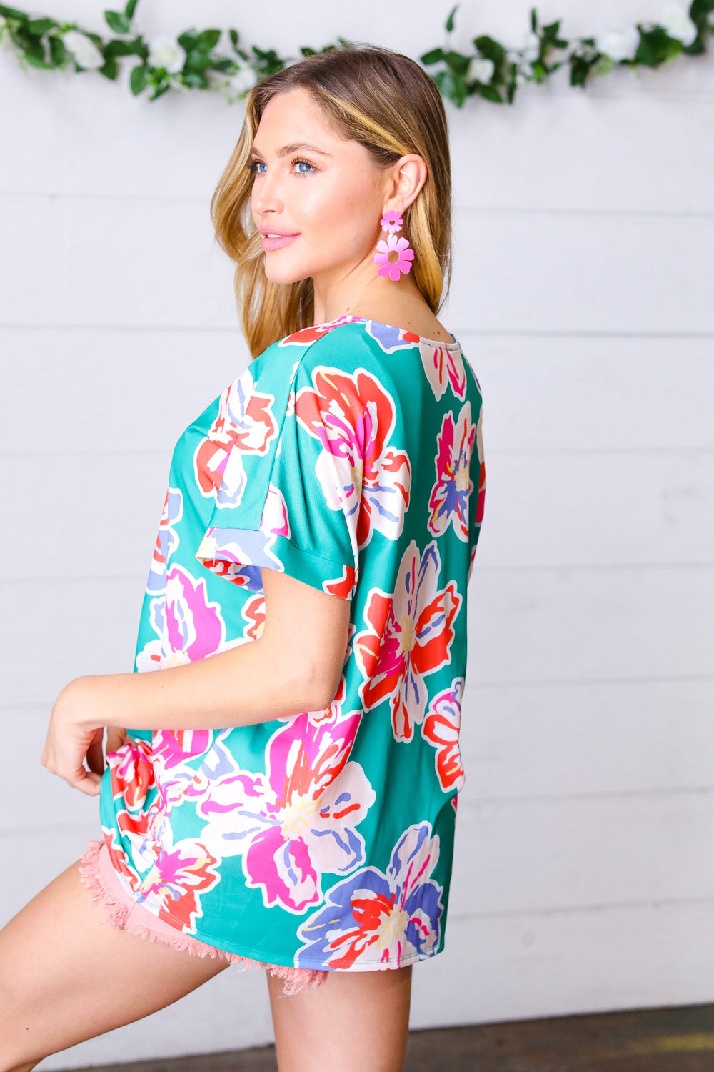 Ocean & Lavender Tropical Floral V Neck Top