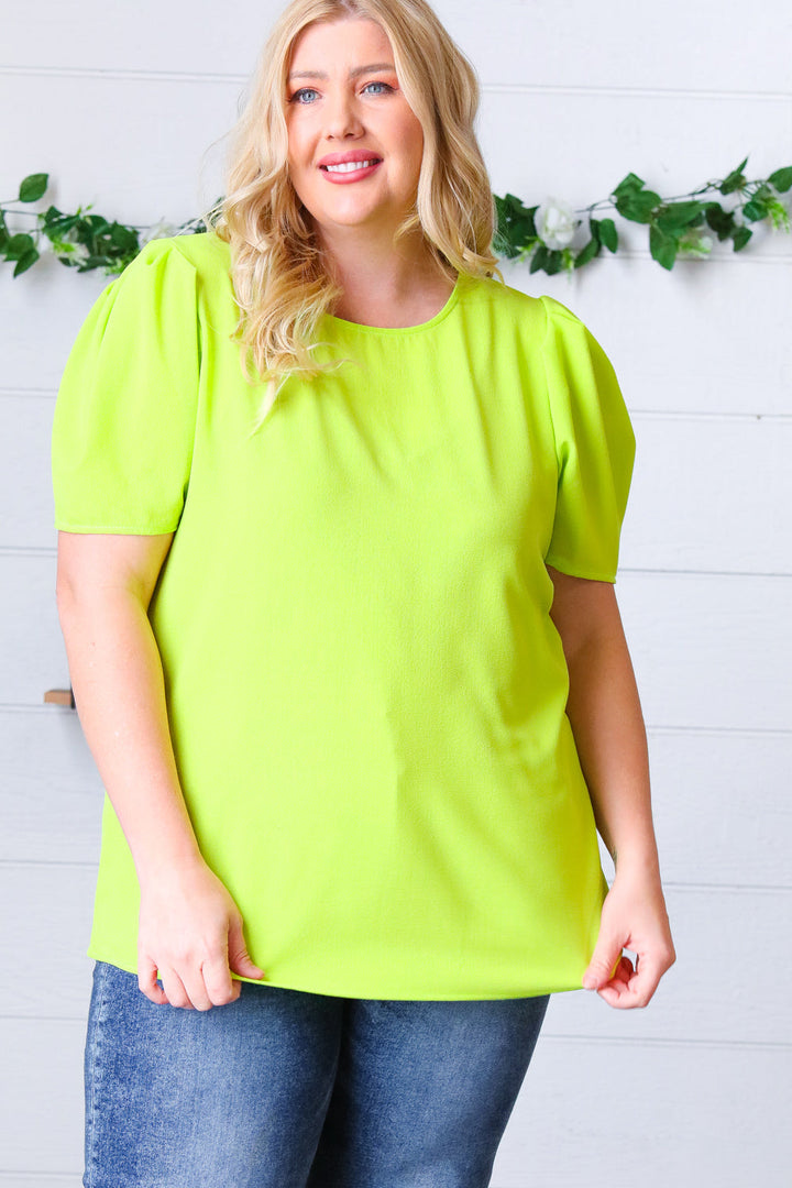 Neon Green Round Neck Puff Sleeve Crepe Top