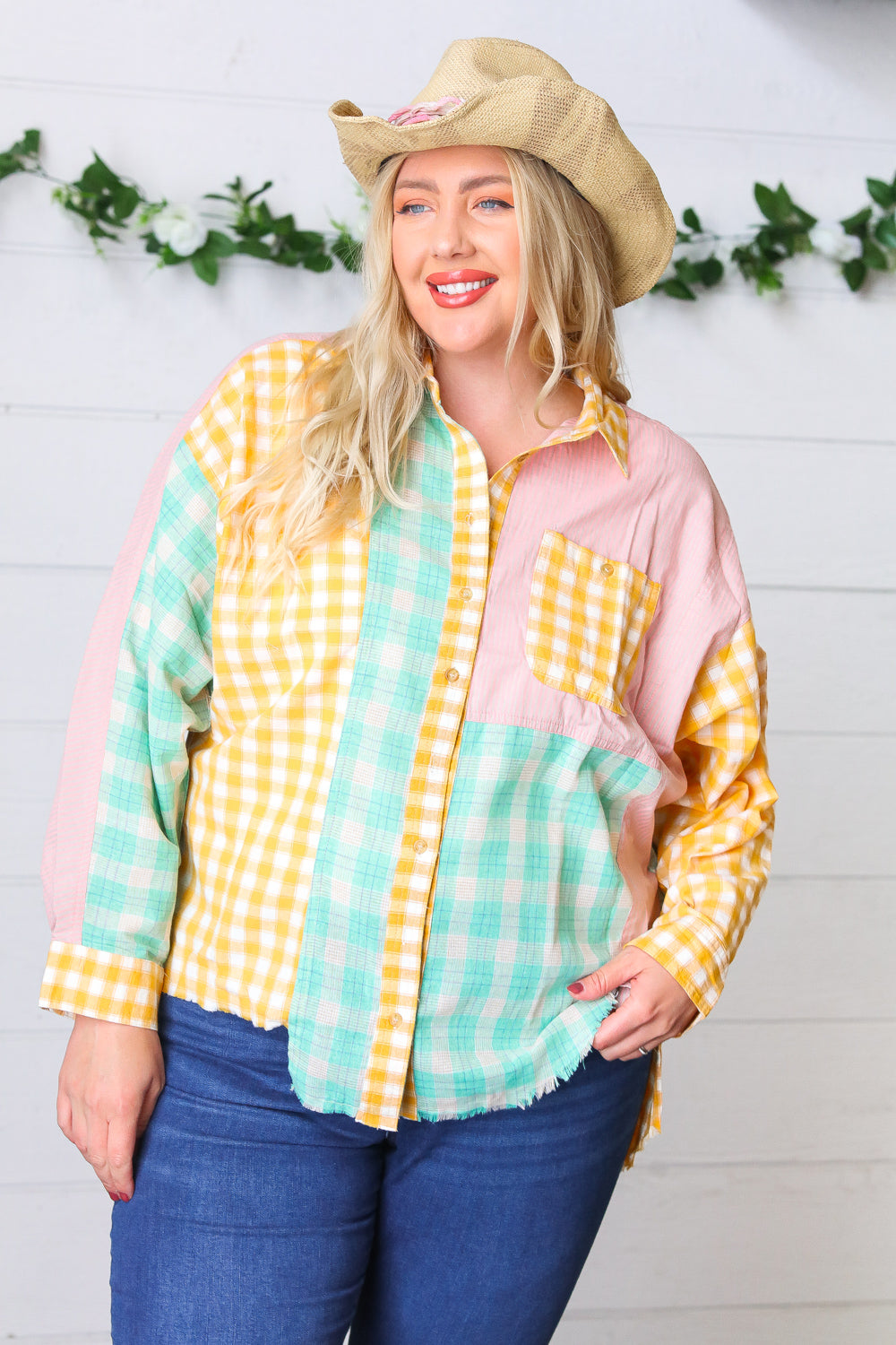 Mint & Pink Cotton Plaid Check Baby Doll Raglan Shirt