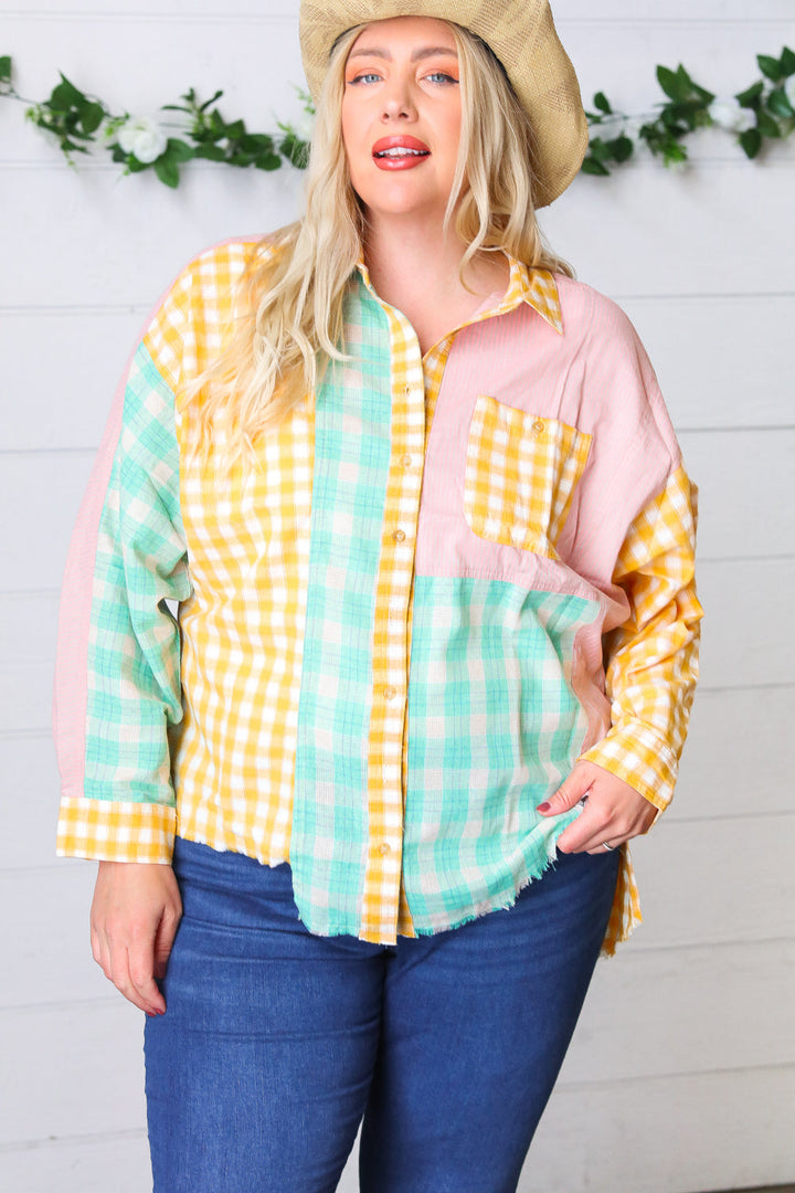 Mint & Pink Cotton Plaid Check Baby Doll Raglan Shirt