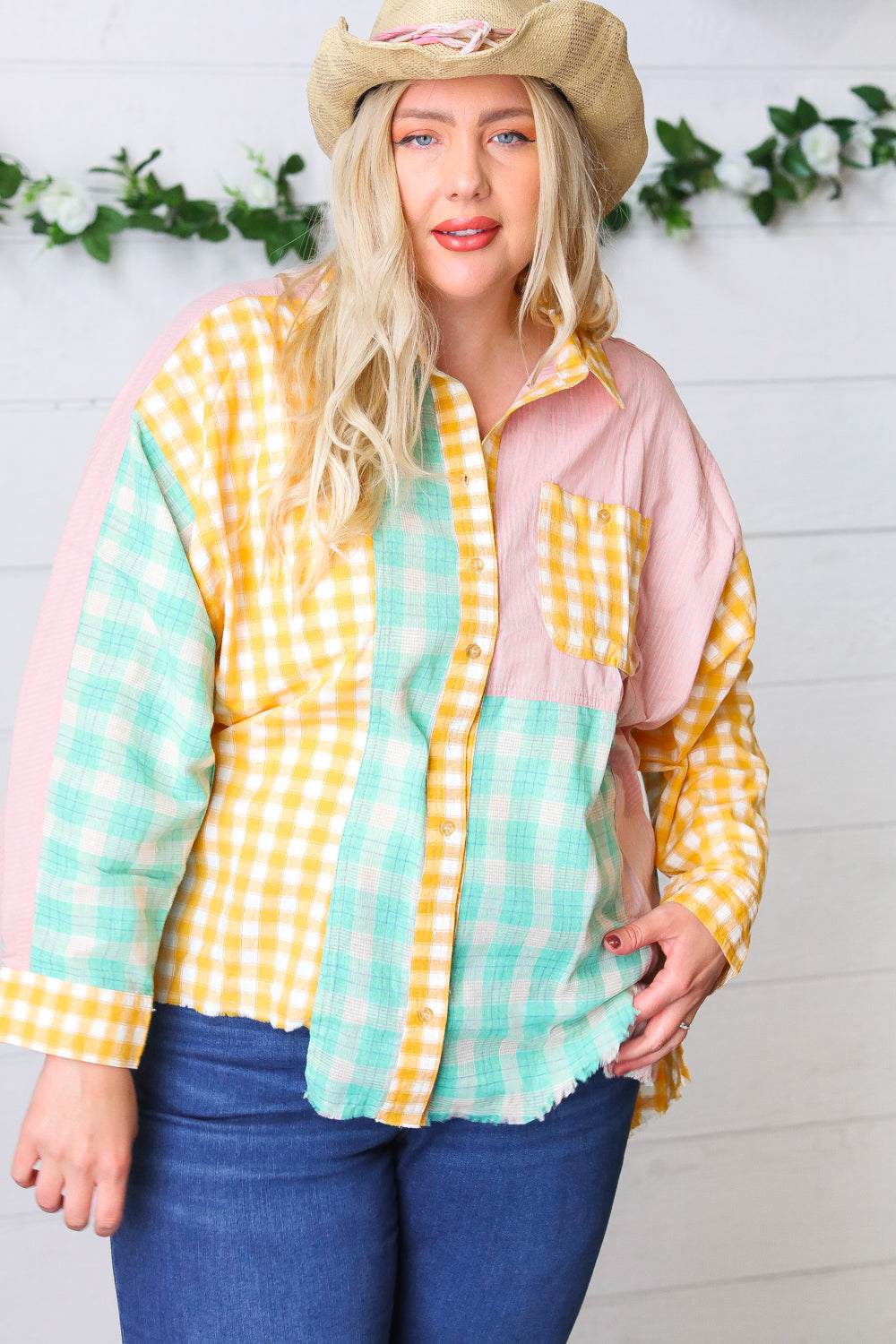 Mint & Pink Cotton Plaid Check Baby Doll Raglan Shirt