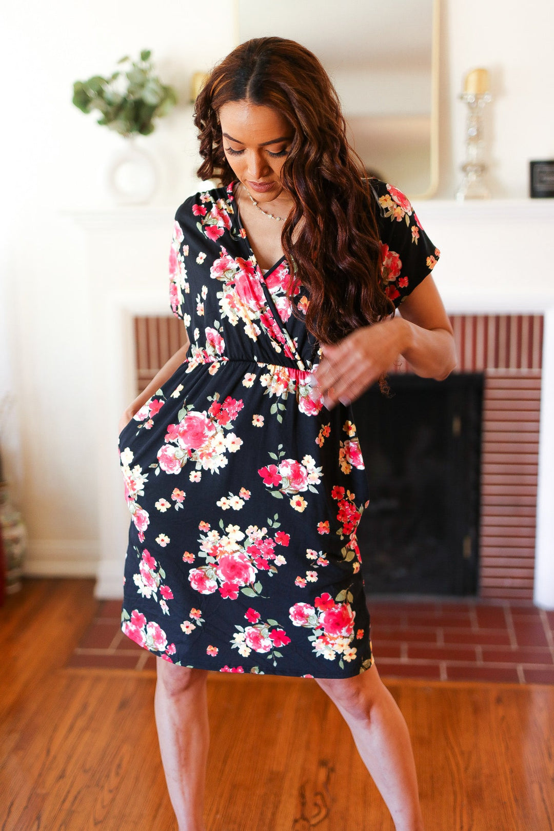 Black & Pink Floral Surplice V Neck Pocketed Dress