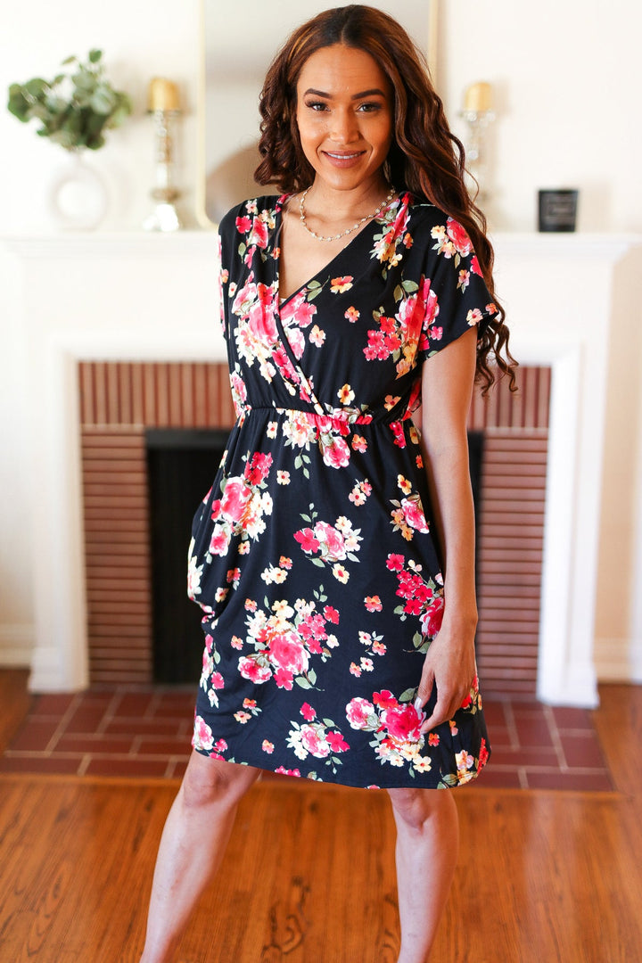 Black & Pink Floral Surplice V Neck Pocketed Dress