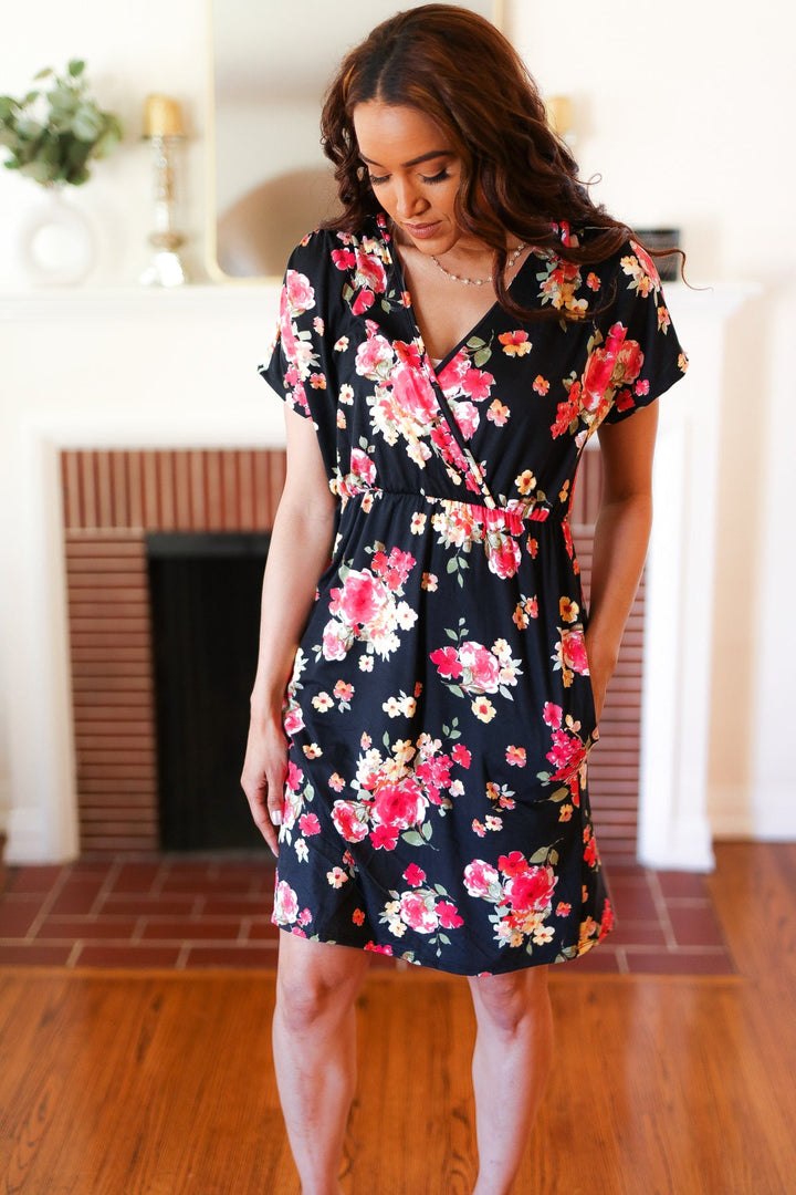 Black & Pink Floral Surplice V Neck Pocketed Dress