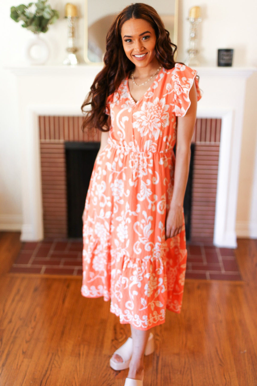 Sunset Boho Ethnic Floral V Neck Flutter Sleeve Dress