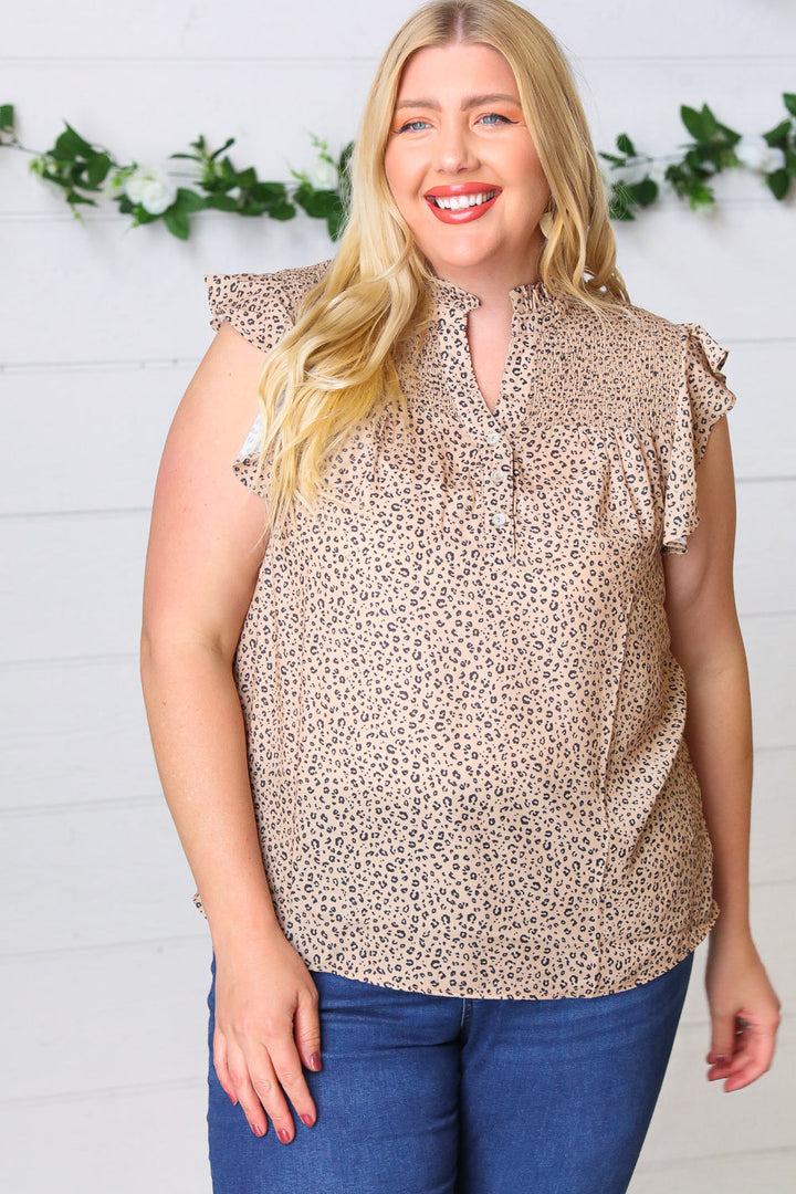 Taupe Animal Print Smocked Button Down Top