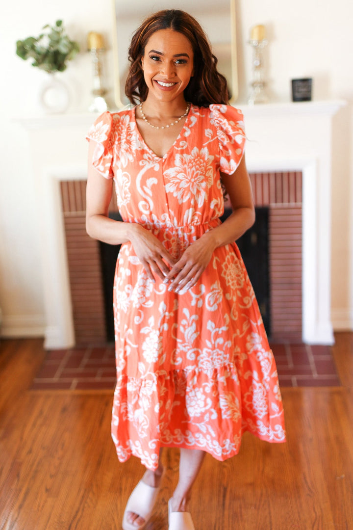 Sunset Boho Ethnic Floral V Neck Flutter Sleeve Dress