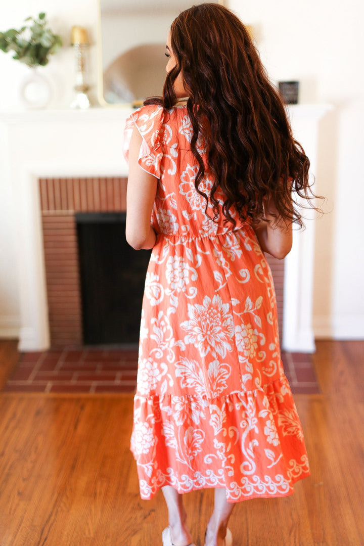 Sunset Boho Ethnic Floral V Neck Flutter Sleeve Dress