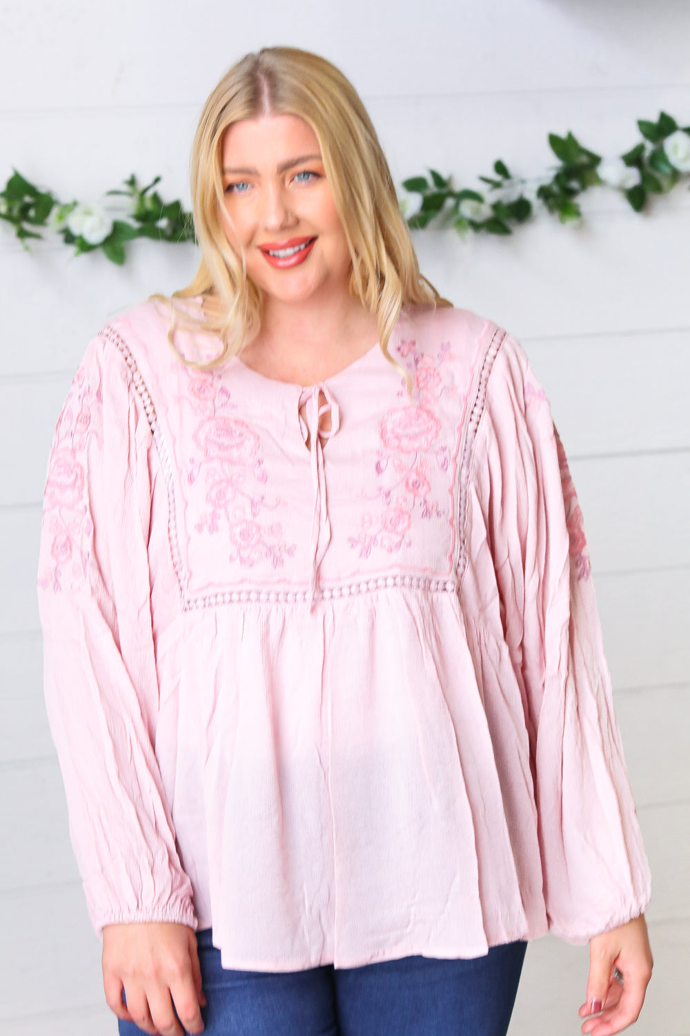 Blush Embroidered Tie String Peasant Top