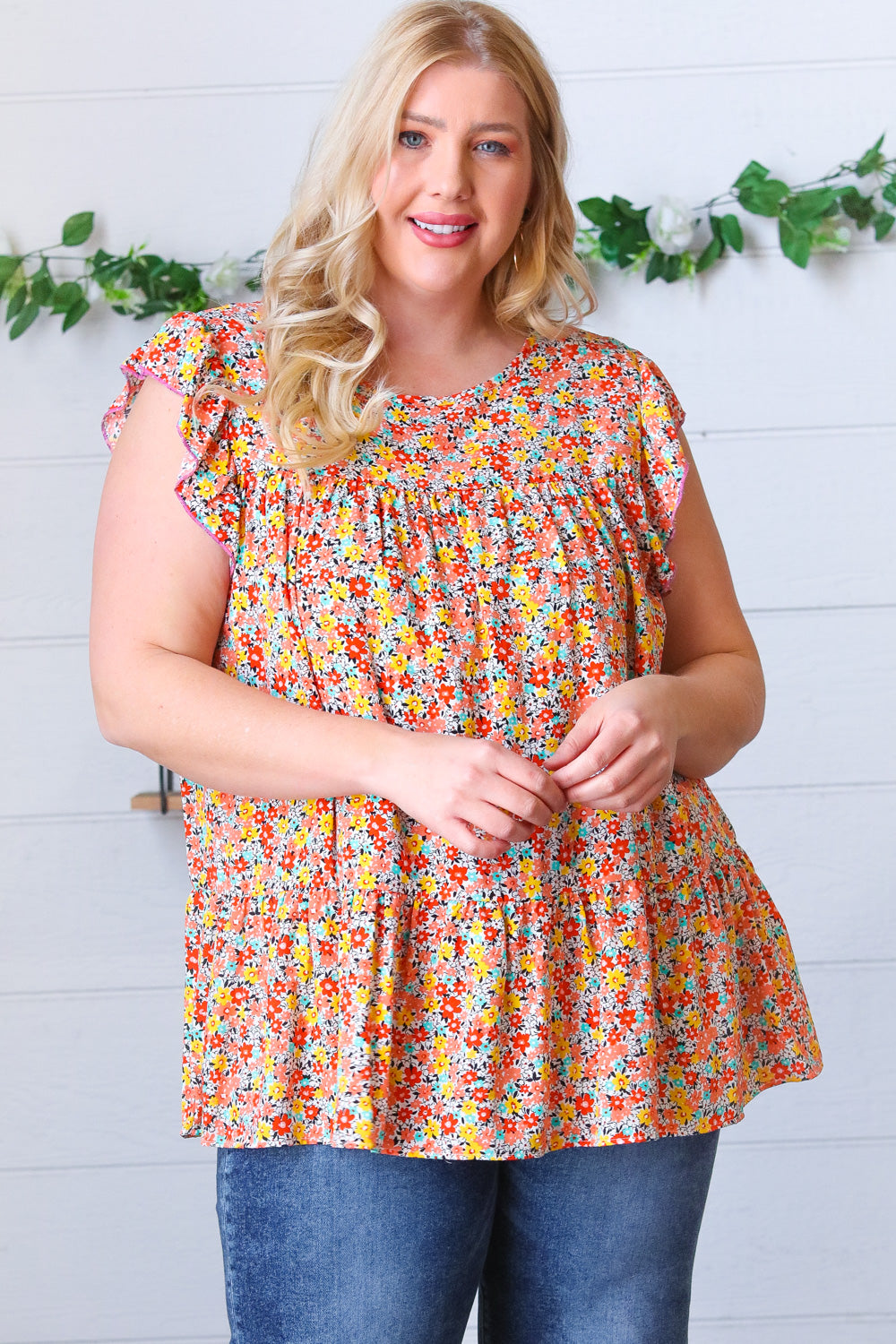 Sunset Floral Print Ruffle Tiered Keyhole Top