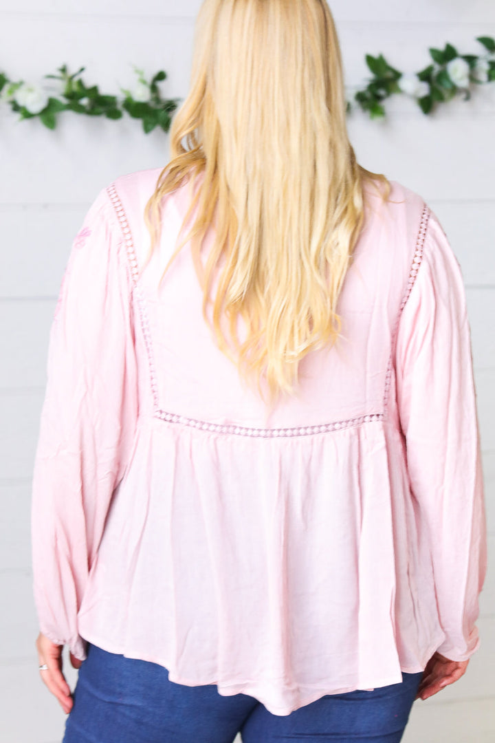 Blush Embroidered Tie String Peasant Top