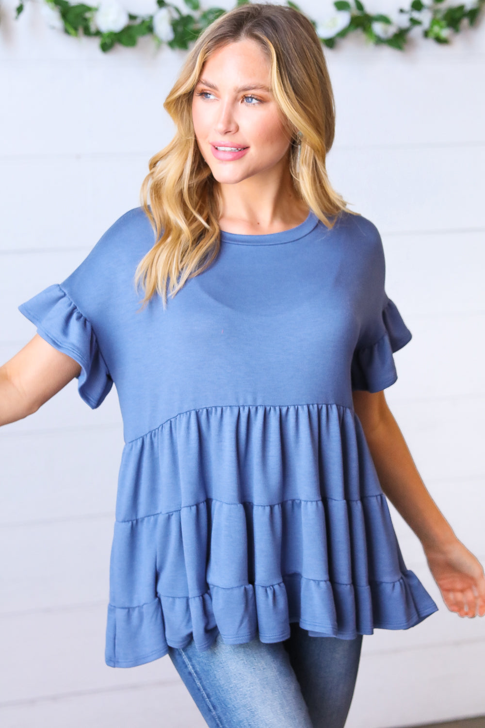 Denim Ruffle Frill Short Sleeve Swing Knit Top