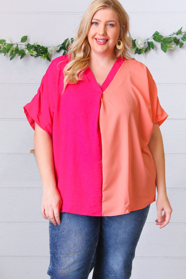 Peach & Magenta Color Block V Neck Crepe Top