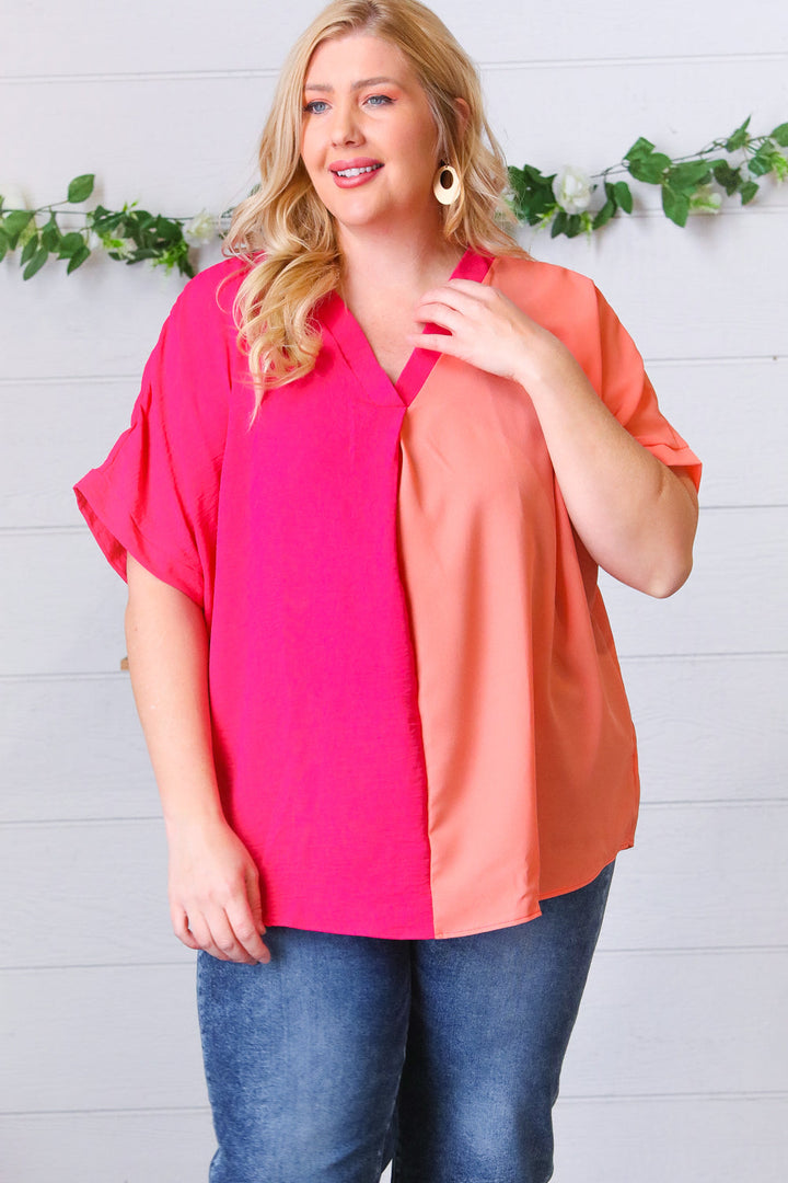 Peach & Magenta Color Block V Neck Crepe Top