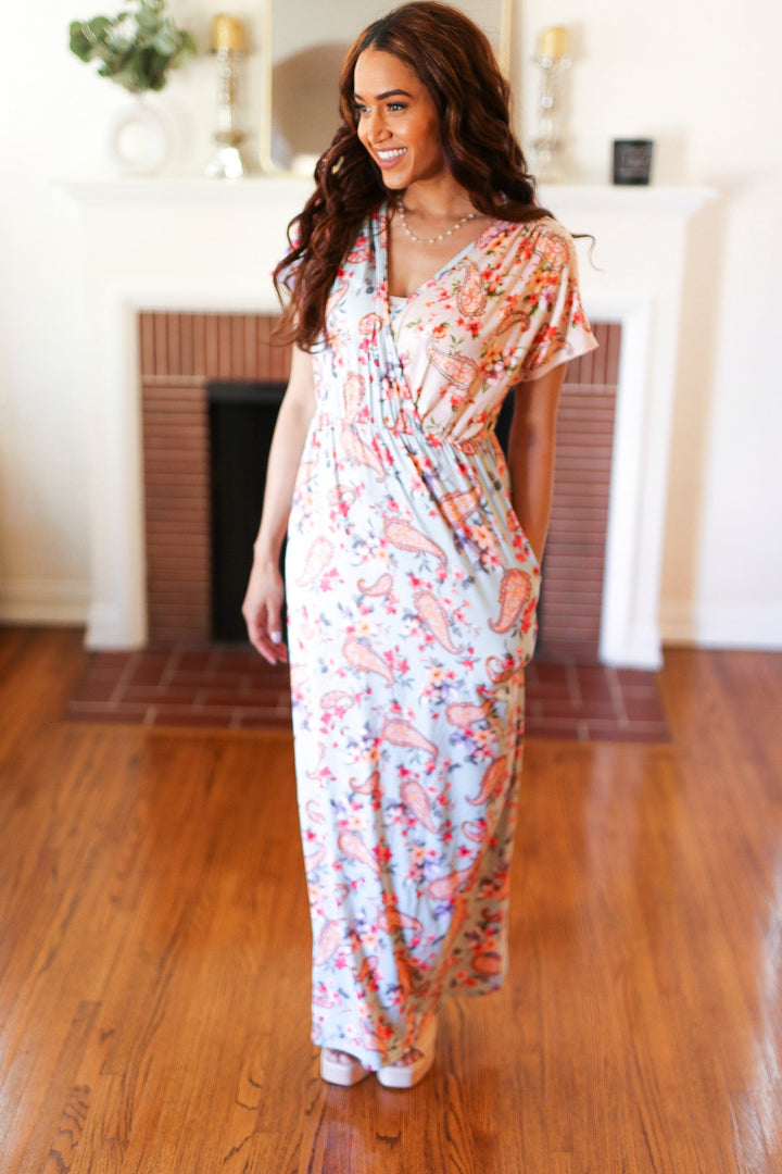 Mint Floral Paisley Surplice Elastic Waist Maxi Dress