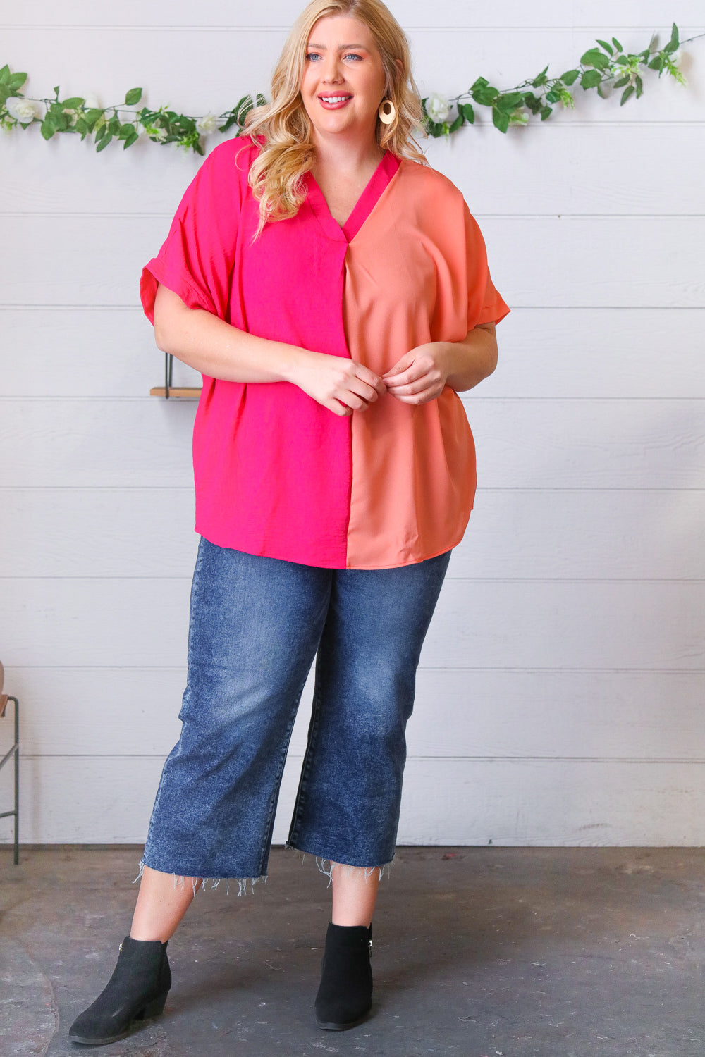 Peach & Magenta Color Block V Neck Crepe Top