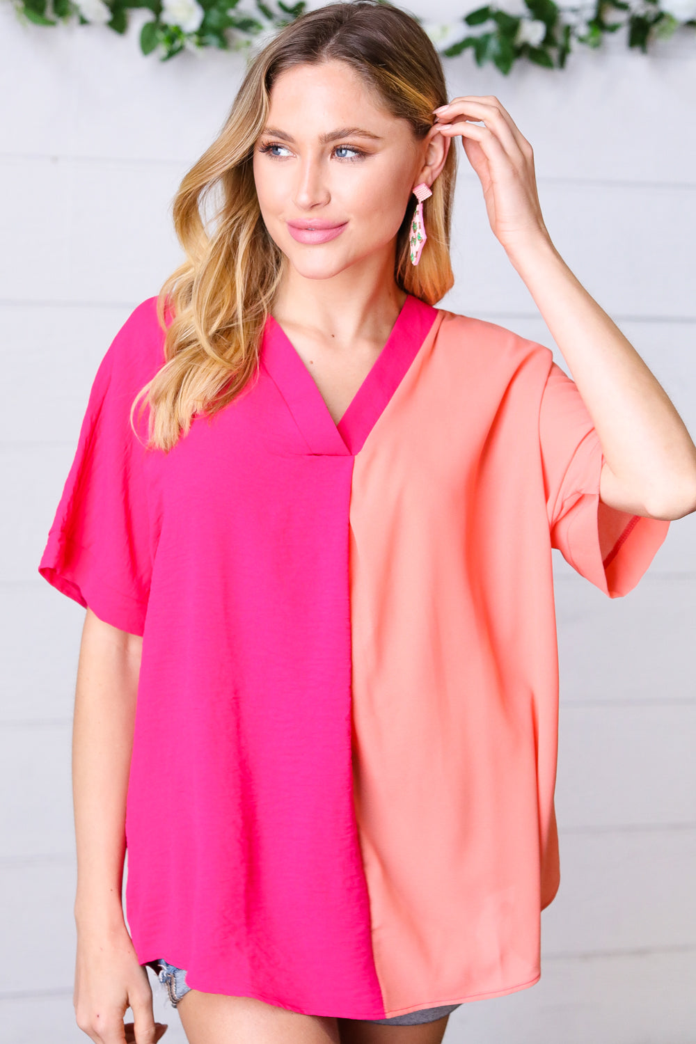 Peach & Magenta Color Block V Neck Crepe Top