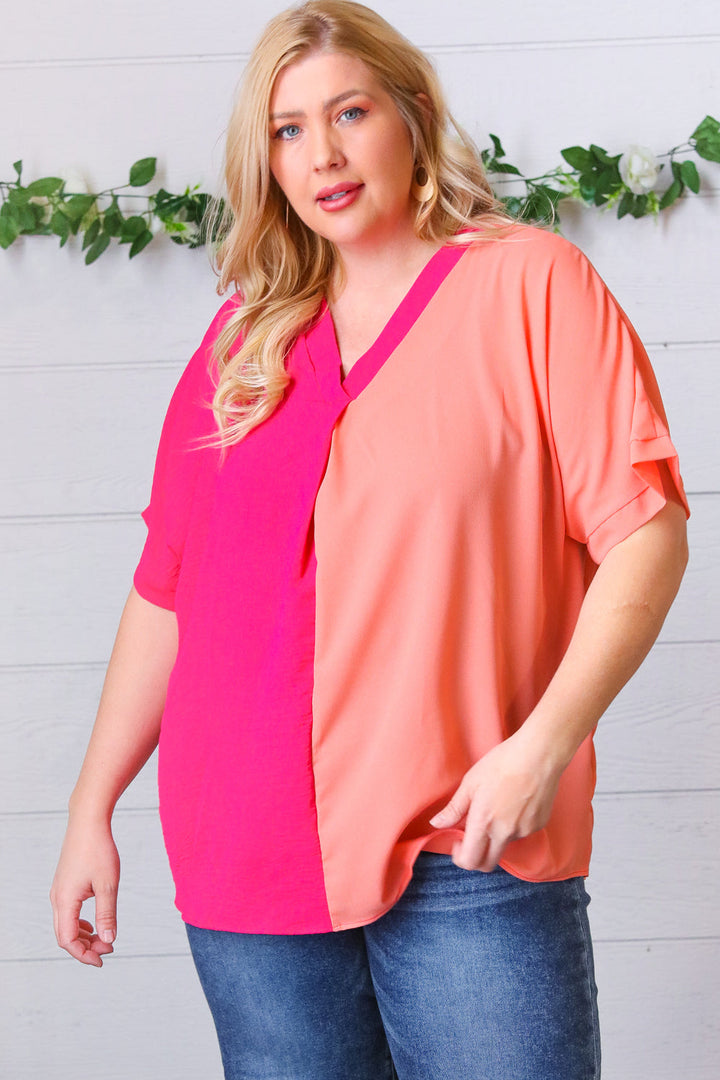 Peach & Magenta Color Block V Neck Crepe Top